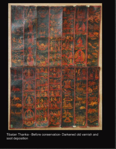 Tibetan Thanka - Before conservation- Darkened old varnish and soot deposition Tibetan Thanka - Before conservation- Darkened old varnish and soot deposition